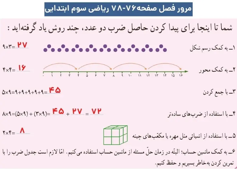گام به گام فصل چهارم ریاضی سوم ابتدایی | ضرب و تقسیم 84 حل و جواب فرهنگ خواندن مرور فصل صفحه ۷۶ تا ۷۸ ریاضی سوم ابتدایی