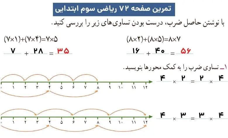 پاسخ تمرین ریاضی صفحه ۷۲ سوم ابتدایی