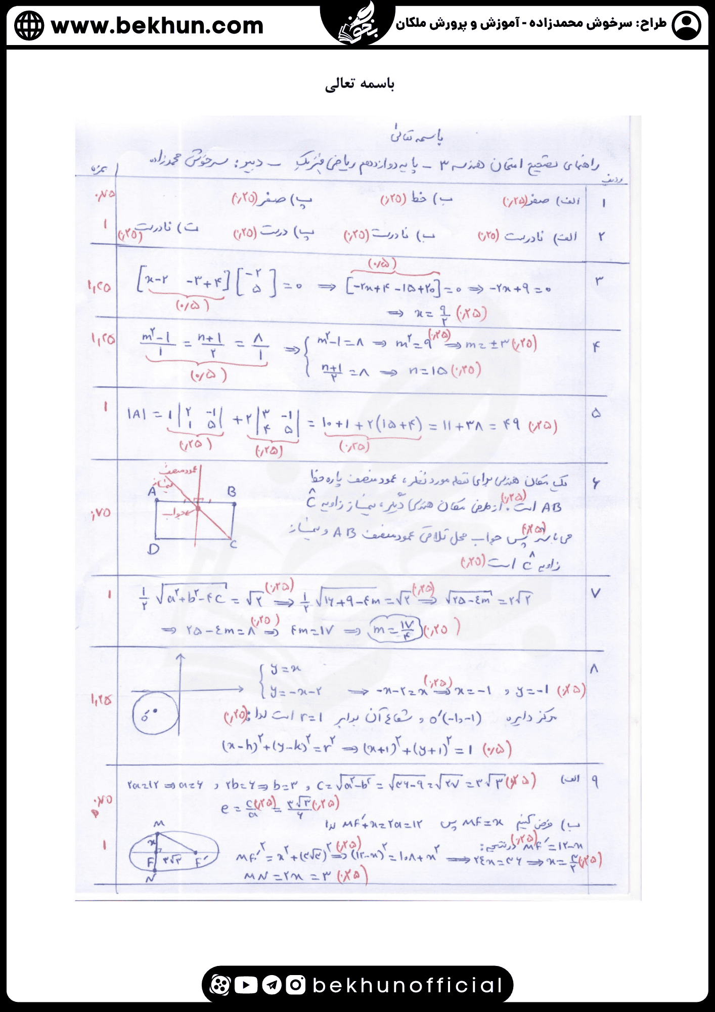نمونه سوال نهایی هندسه دوازدهم با جواب 75 دانلود نمونه سوالات شبیه نهایی هندسه 12 سرخوش محمدزاده